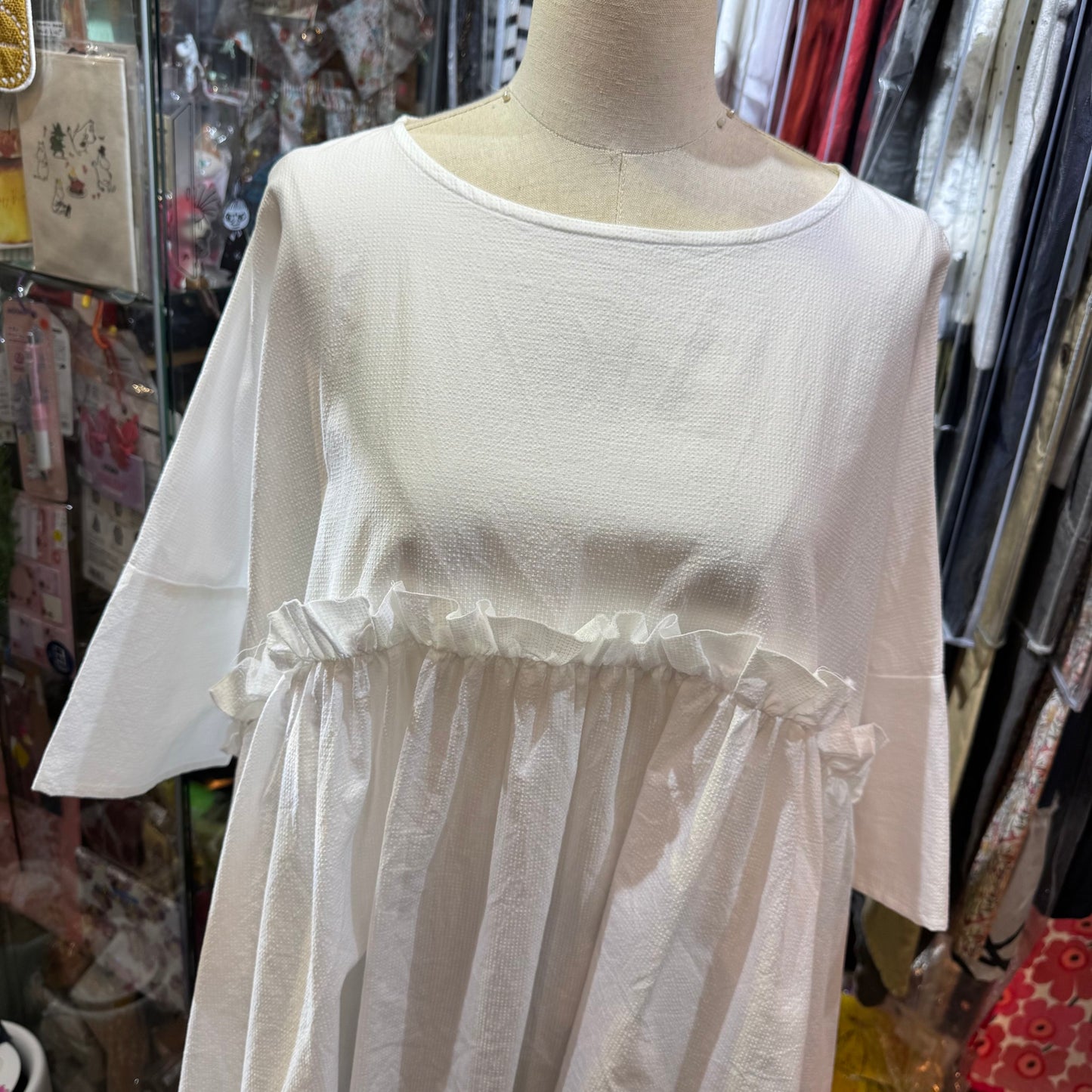 (g) Frill White Gather Tunic, made in Japan