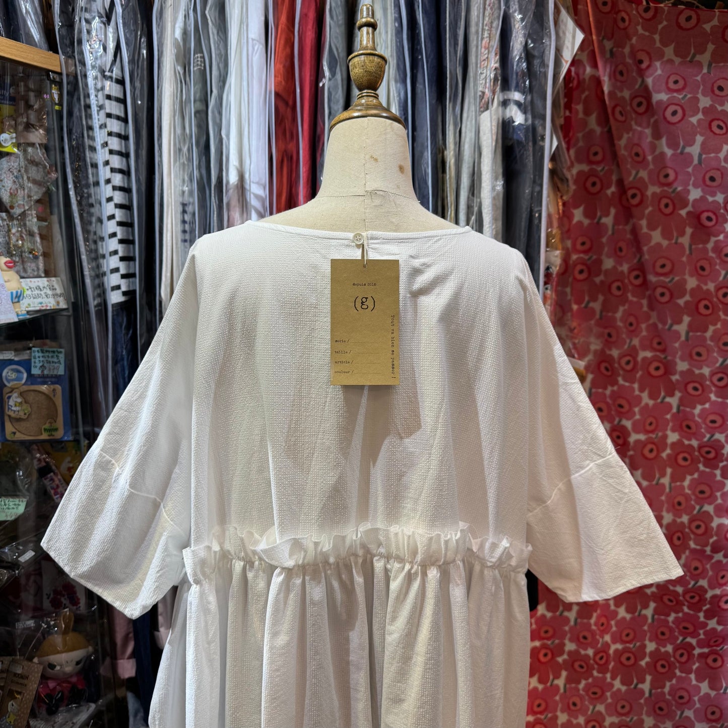 (g) Frill White Gather Tunic, made in Japan