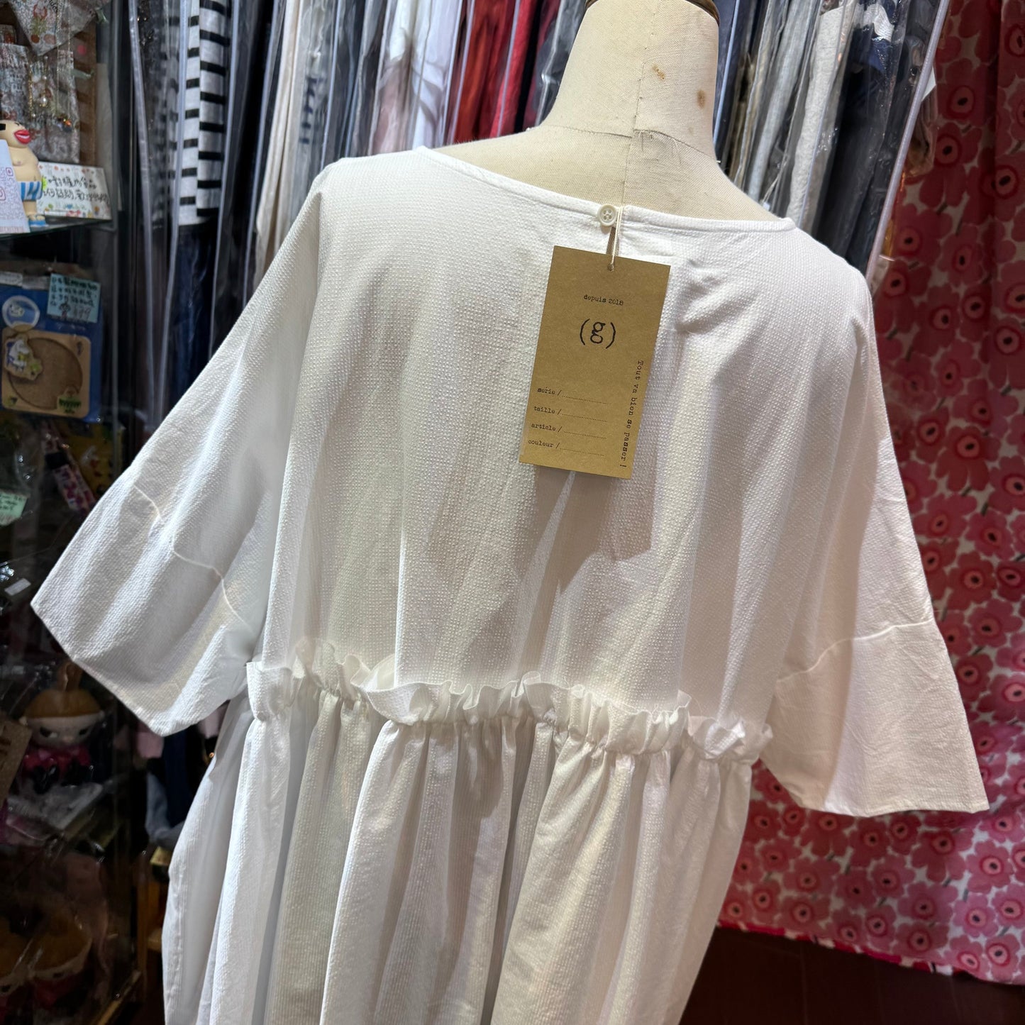 (g) Frill White Gather Tunic, made in Japan