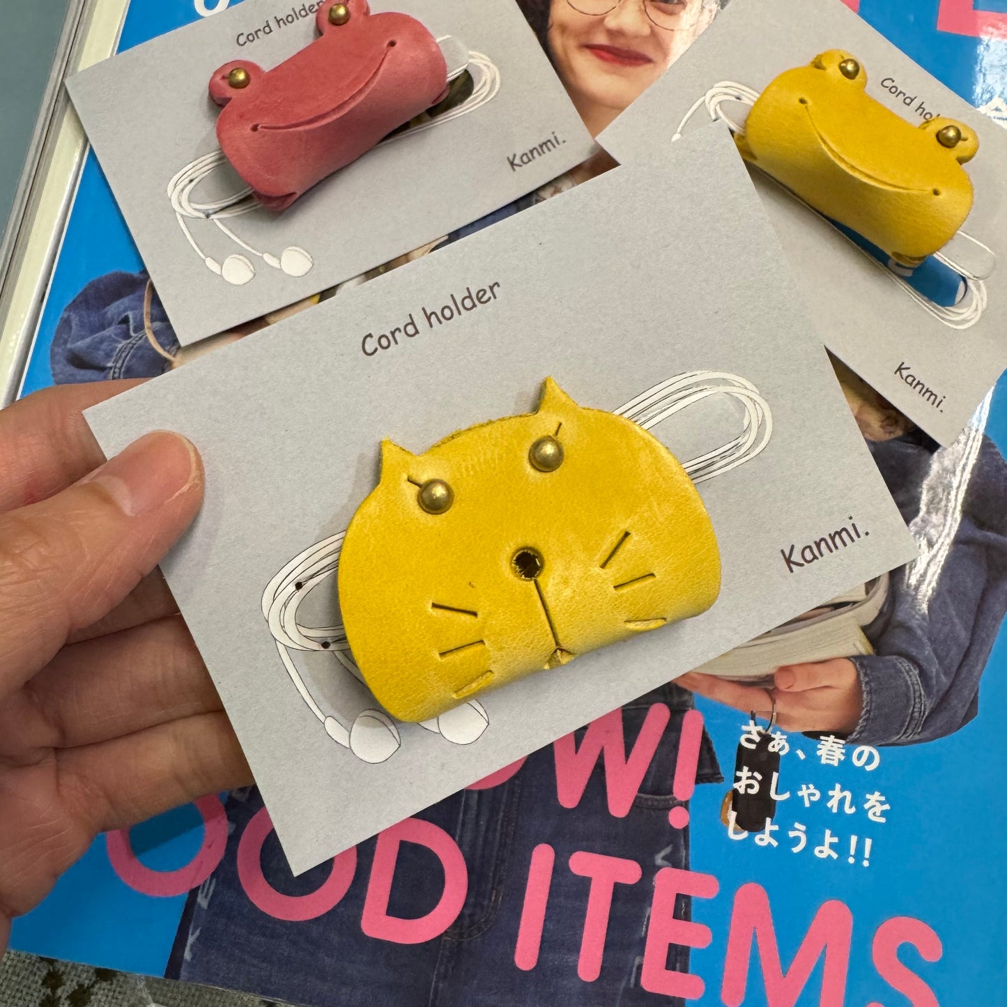 Kanmi Animals Leather Cord Holder, Bear, Cat and. Frog, 2 Sizes, made in Japan