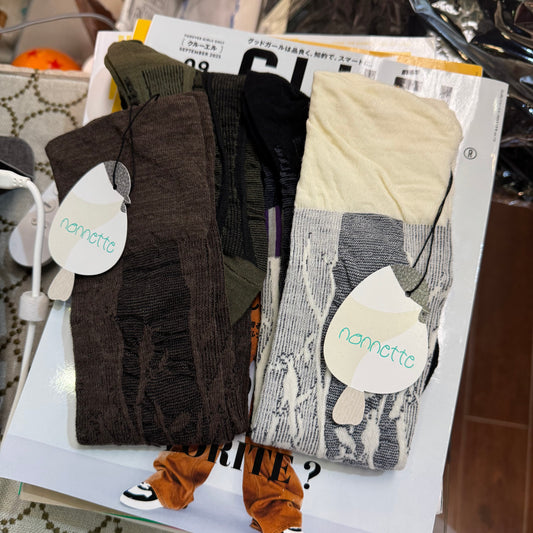 Nonnette Tree Trunk and Bird Wool  LongHigh Socks , 2 Colors, made in Japan