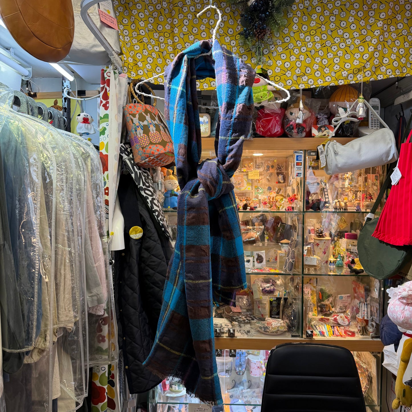 Tumugu Blue Checked Wool Scarf, made in Japan