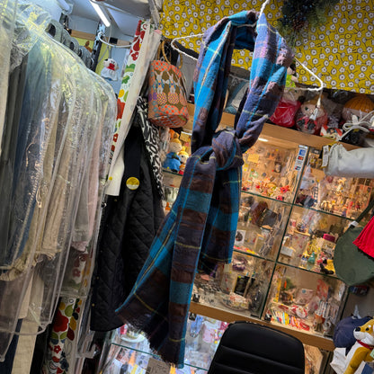 Tumugu Blue Checked Wool Scarf, made in Japan