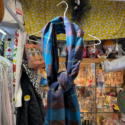 Tumugu Blue Checked Wool Scarf, made in Japan