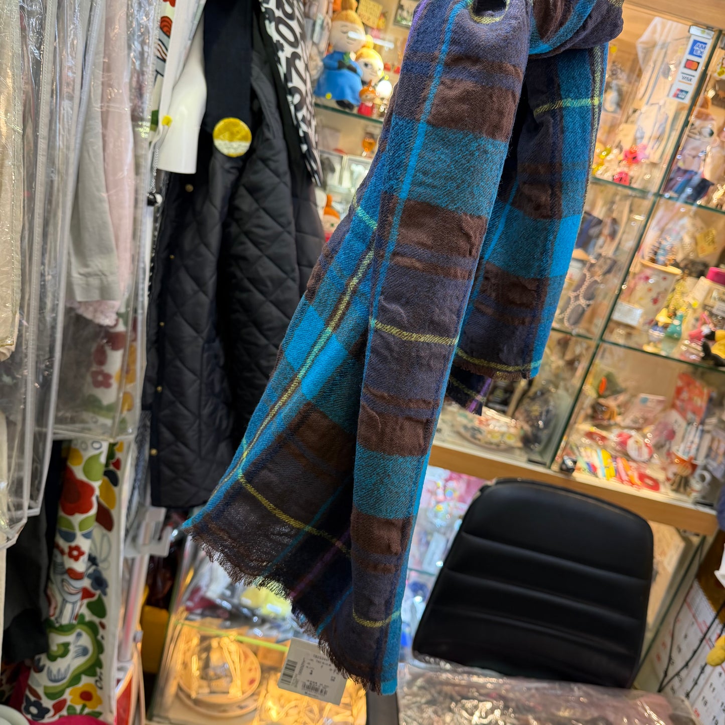 Tumugu Blue Checked Wool Scarf, made in Japan