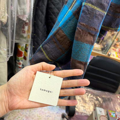 Tumugu Blue Checked Wool Scarf, made in Japan