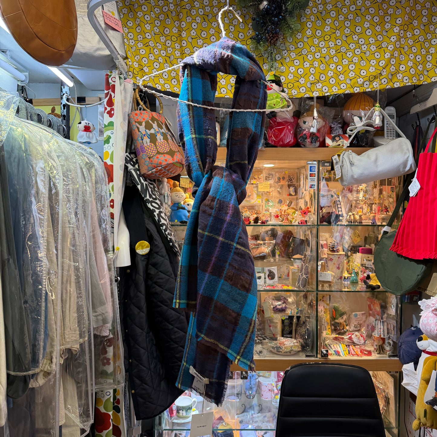 Tumugu Blue Checked Wool Scarf, made in Japan