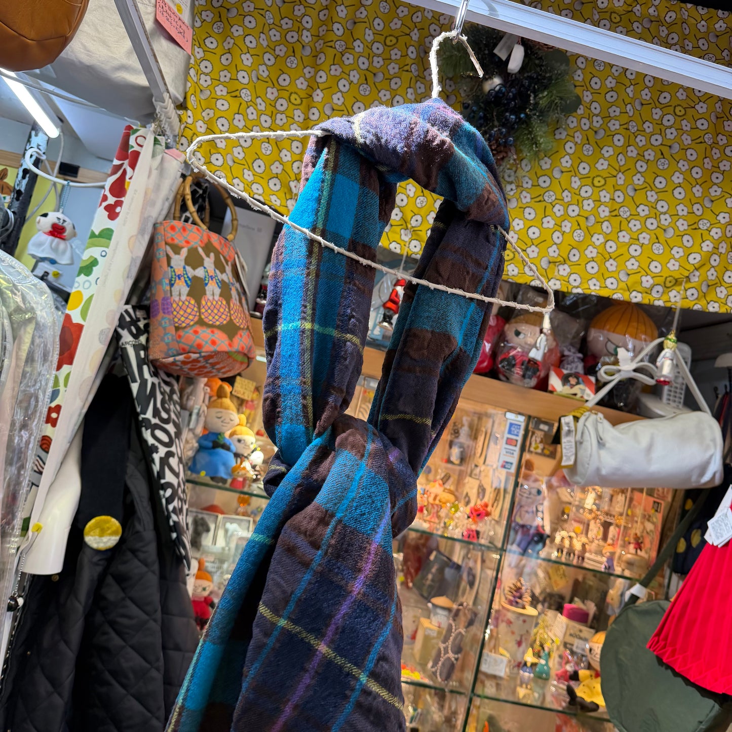 Tumugu Blue Checked Wool Scarf, made in Japan