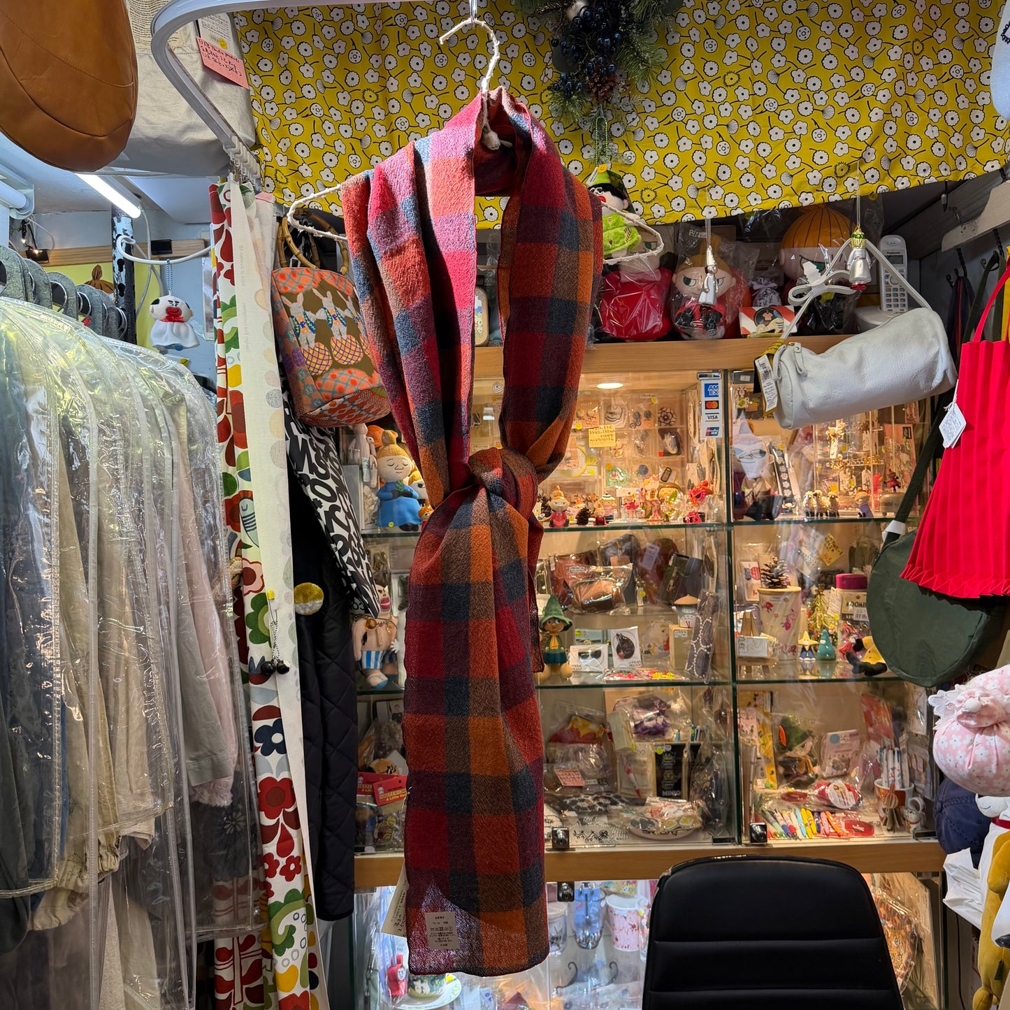 Days Red X Orange Checked Wool Scarf, made in Japan