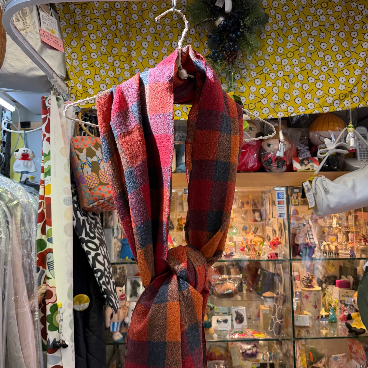 Days Red X Orange Checked Wool Scarf, made in Japan