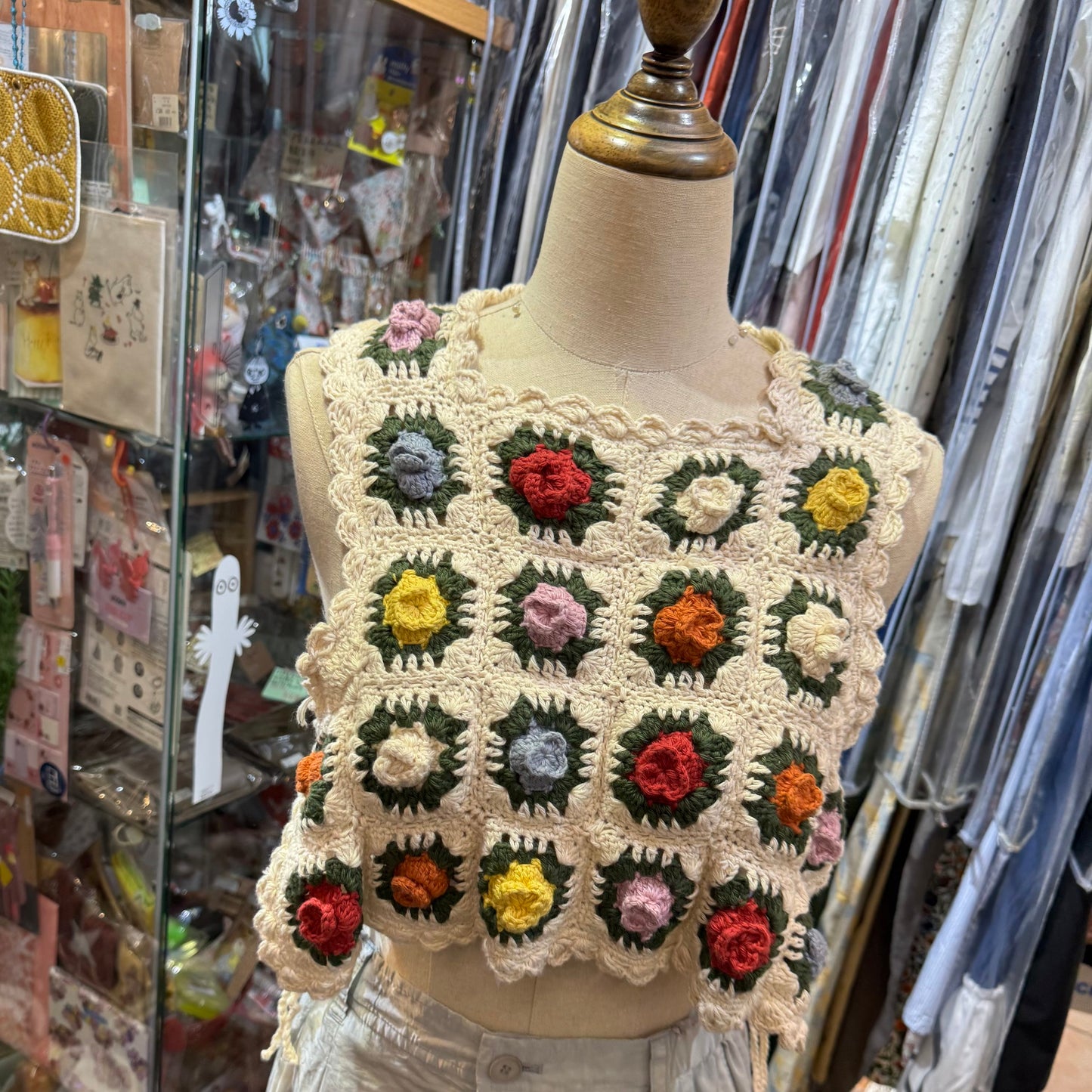 Fig London Ivory knit Gardener Vest, handmade in Peru
