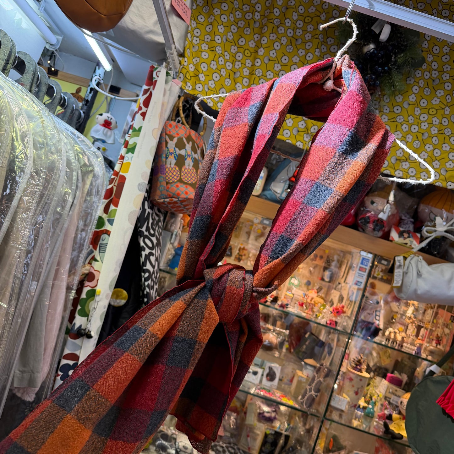 Days Red X Orange Checked Wool Scarf, made in Japan