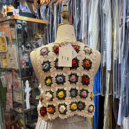 Fig London Ivory knit Gardener Vest, handmade in Peru