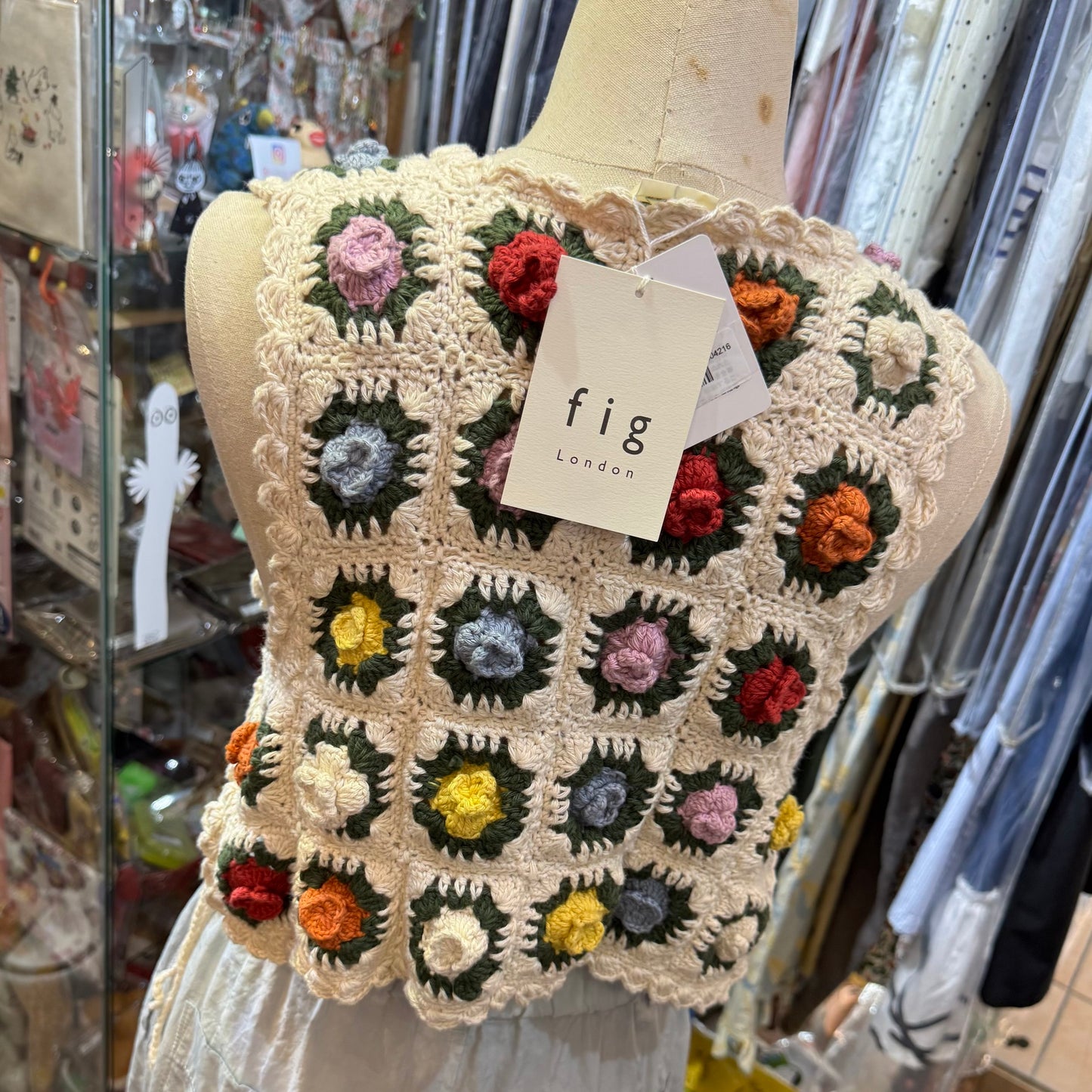 Fig London Ivory knit Gardener Vest, handmade in Peru