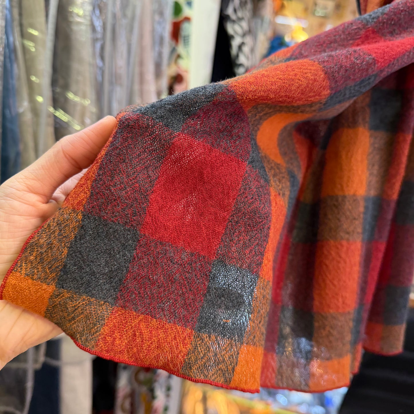 Days Red X Orange Checked Wool Scarf, made in Japan