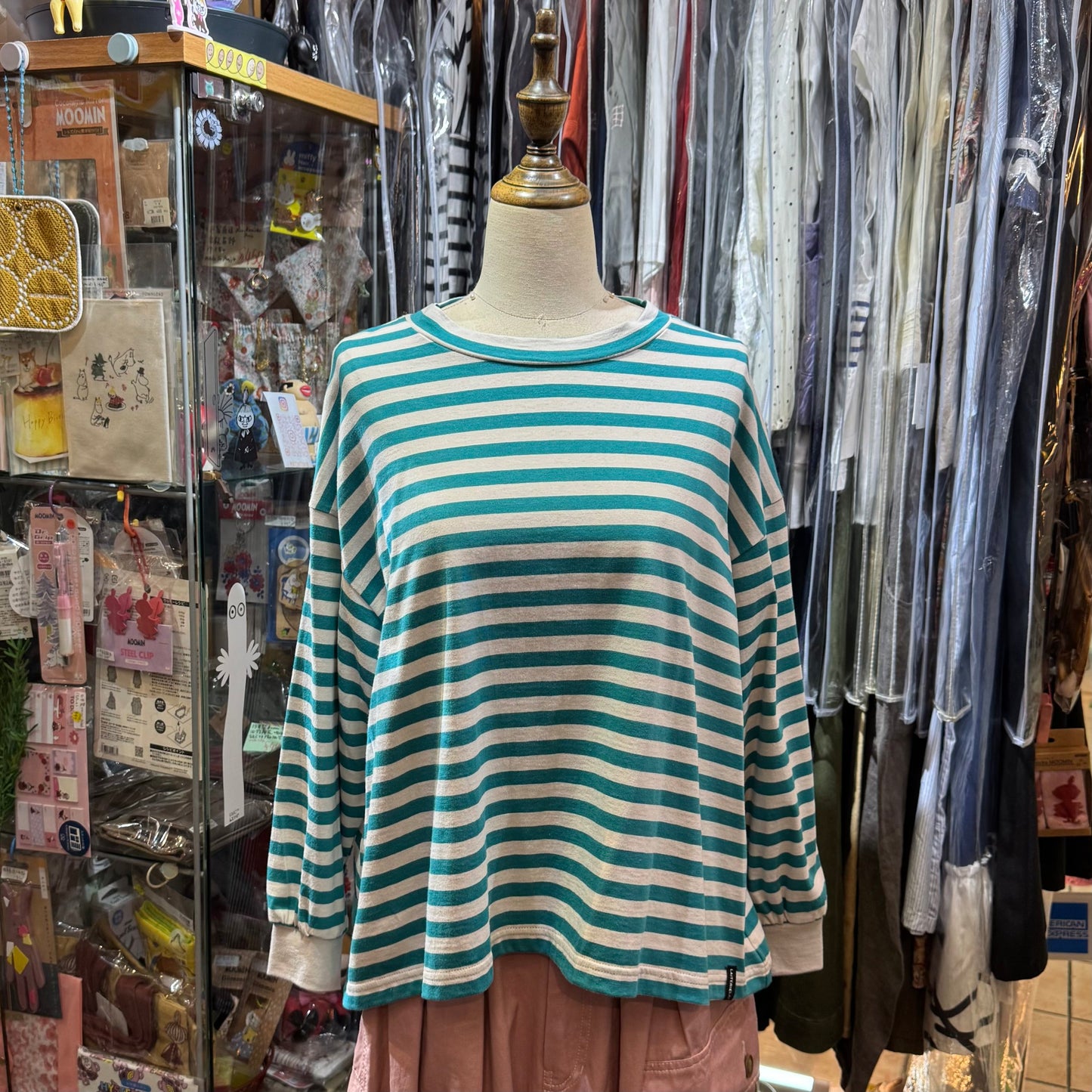 Sale- Laiterie Turquoise X Grey Striped Top, made in Japan