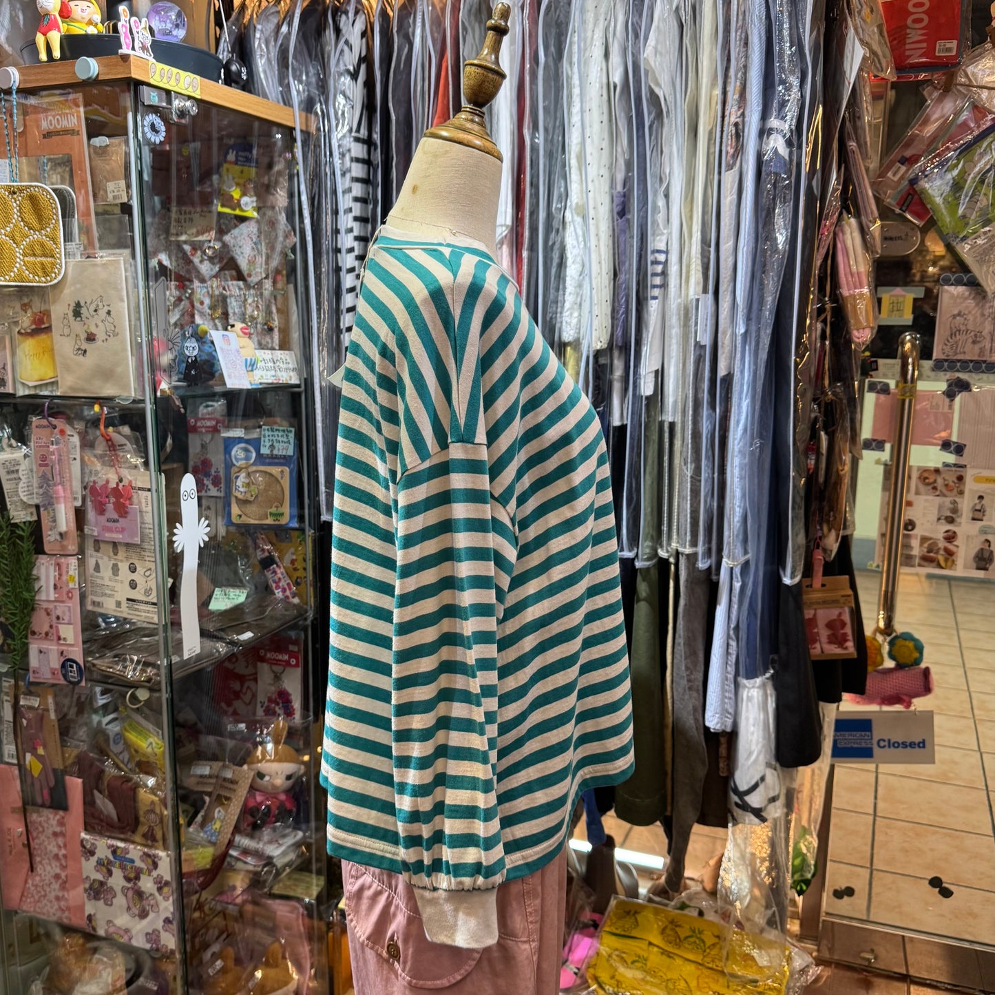Sale- Laiterie Turquoise X Grey Striped Top, made in Japan