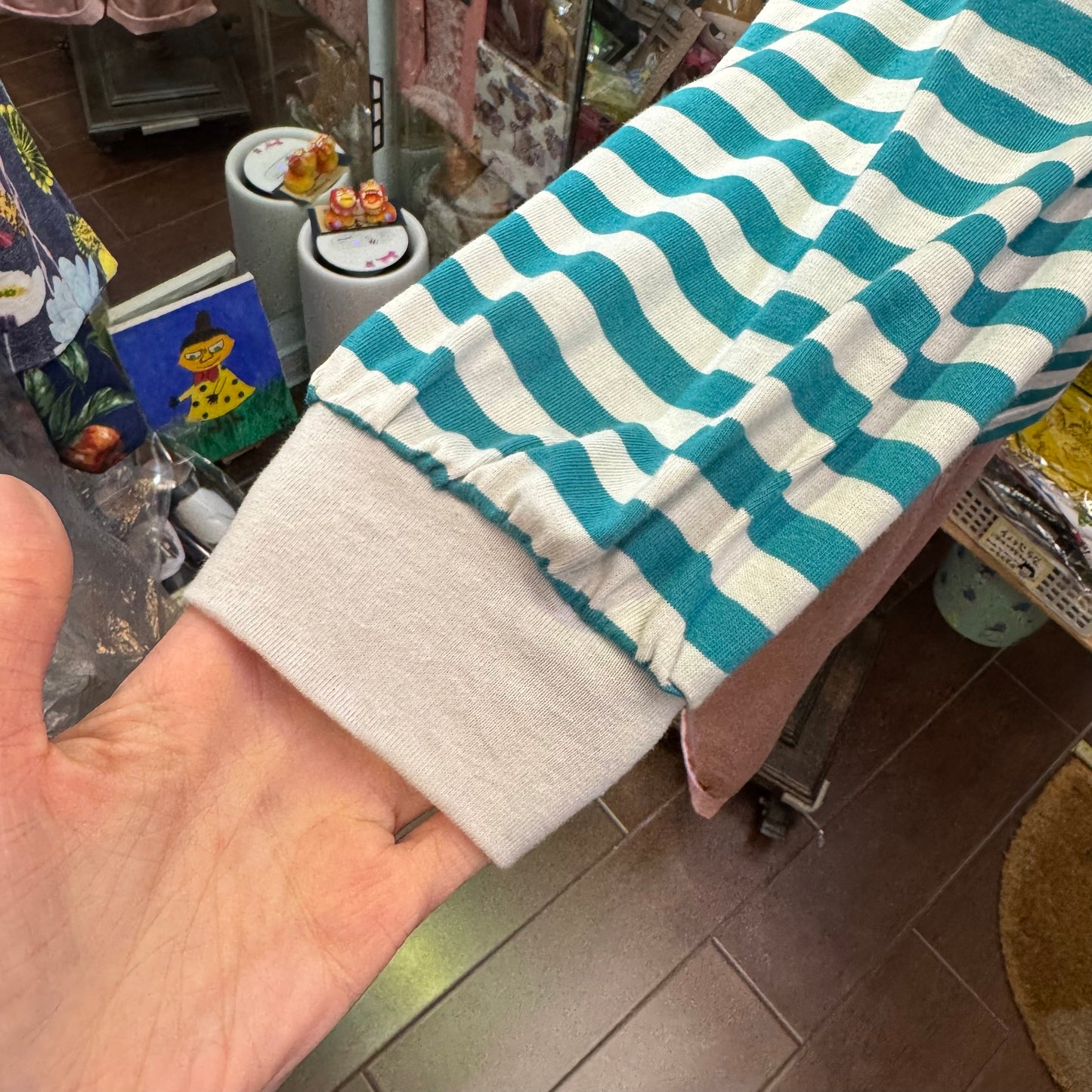 Sale- Laiterie Turquoise X Grey Striped Top, made in Japan