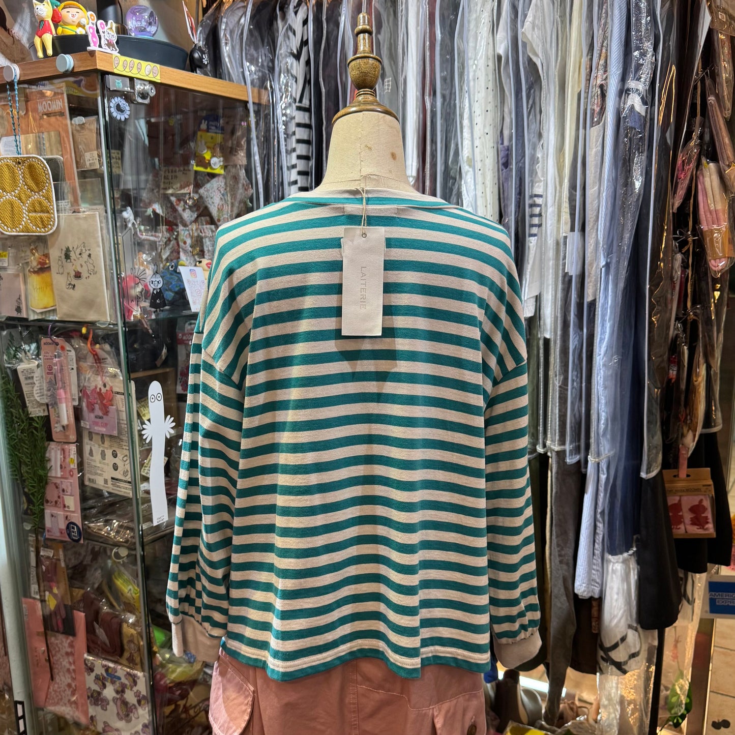 Sale- Laiterie Turquoise X Grey Striped Top, made in Japan