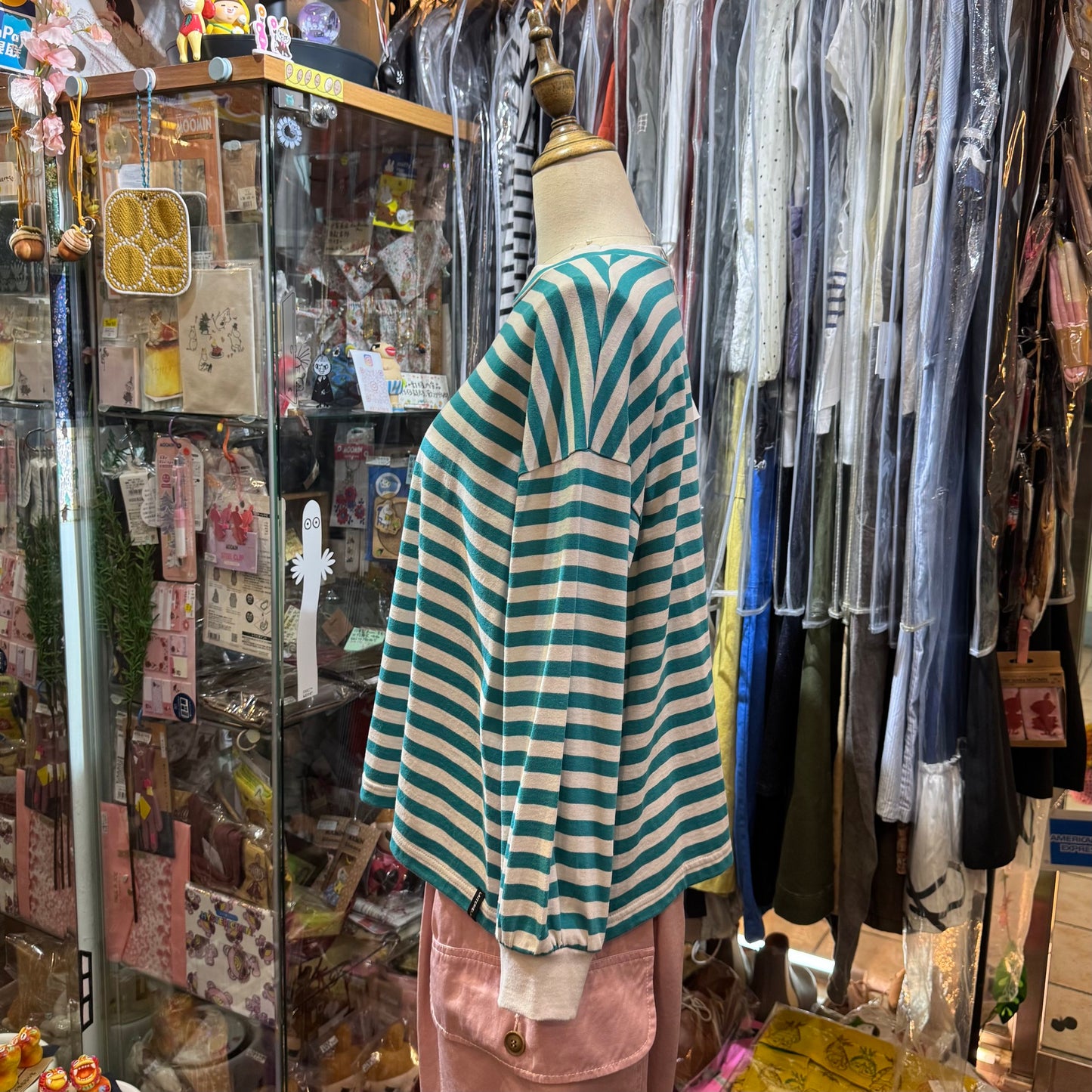 Sale- Laiterie Turquoise X Grey Striped Top, made in Japan