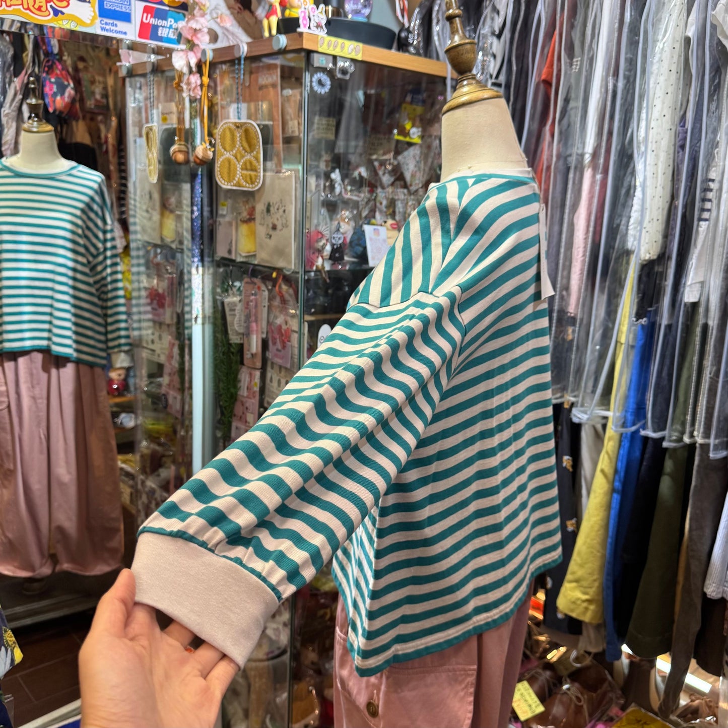 Sale- Laiterie Turquoise X Grey Striped Top, made in Japan