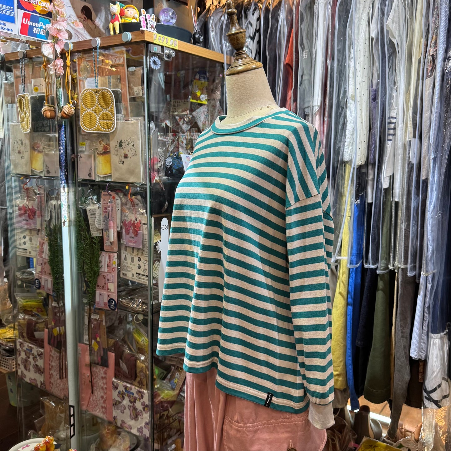 Sale- Laiterie Turquoise X Grey Striped Top, made in Japan