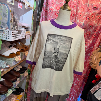 Estroislose Dog Beige x Purple T-shirt, made in Japan