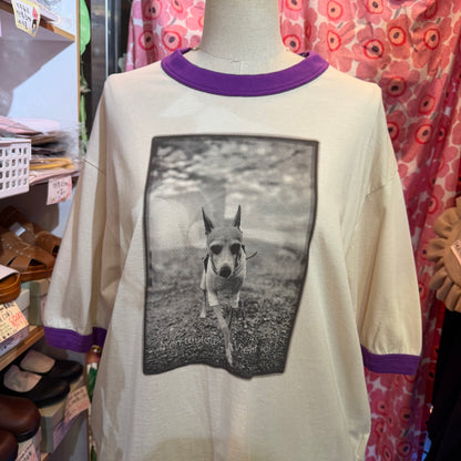 Estroislose Dog Beige x Purple T-shirt, made in Japan