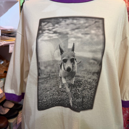 Estroislose Dog Beige x Purple T-shirt, made in Japan