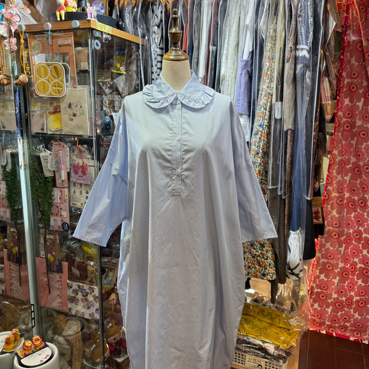 Sale- (g) Blue Striped Frill Collar Dress, made in Japan