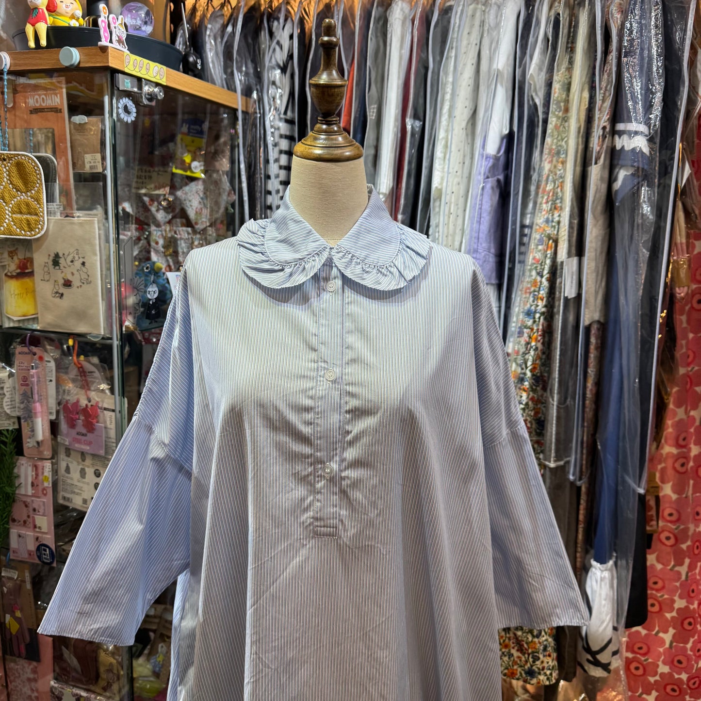 Sale- (g) Blue Striped Frill Collar Dress, made in Japan