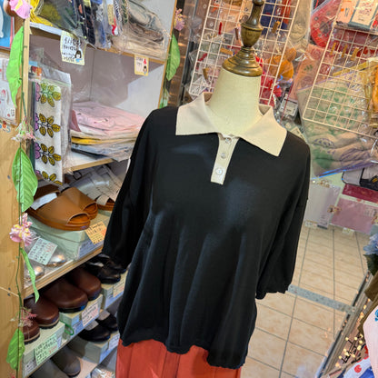 Ichi Black Cotton Knit Polo Shirt