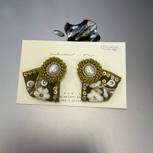 New.n Beans Embroidery Green Earrings, handmade in Japan