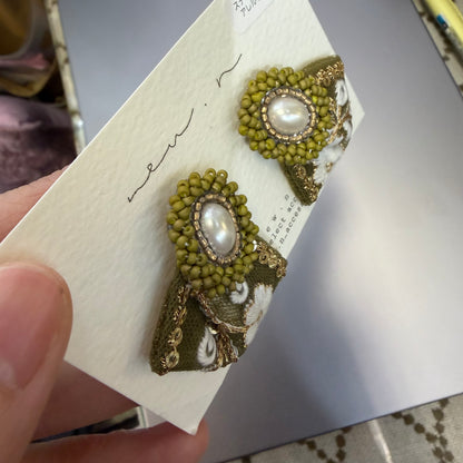 New.n Beans Embroidery Green Earrings, handmade in Japan