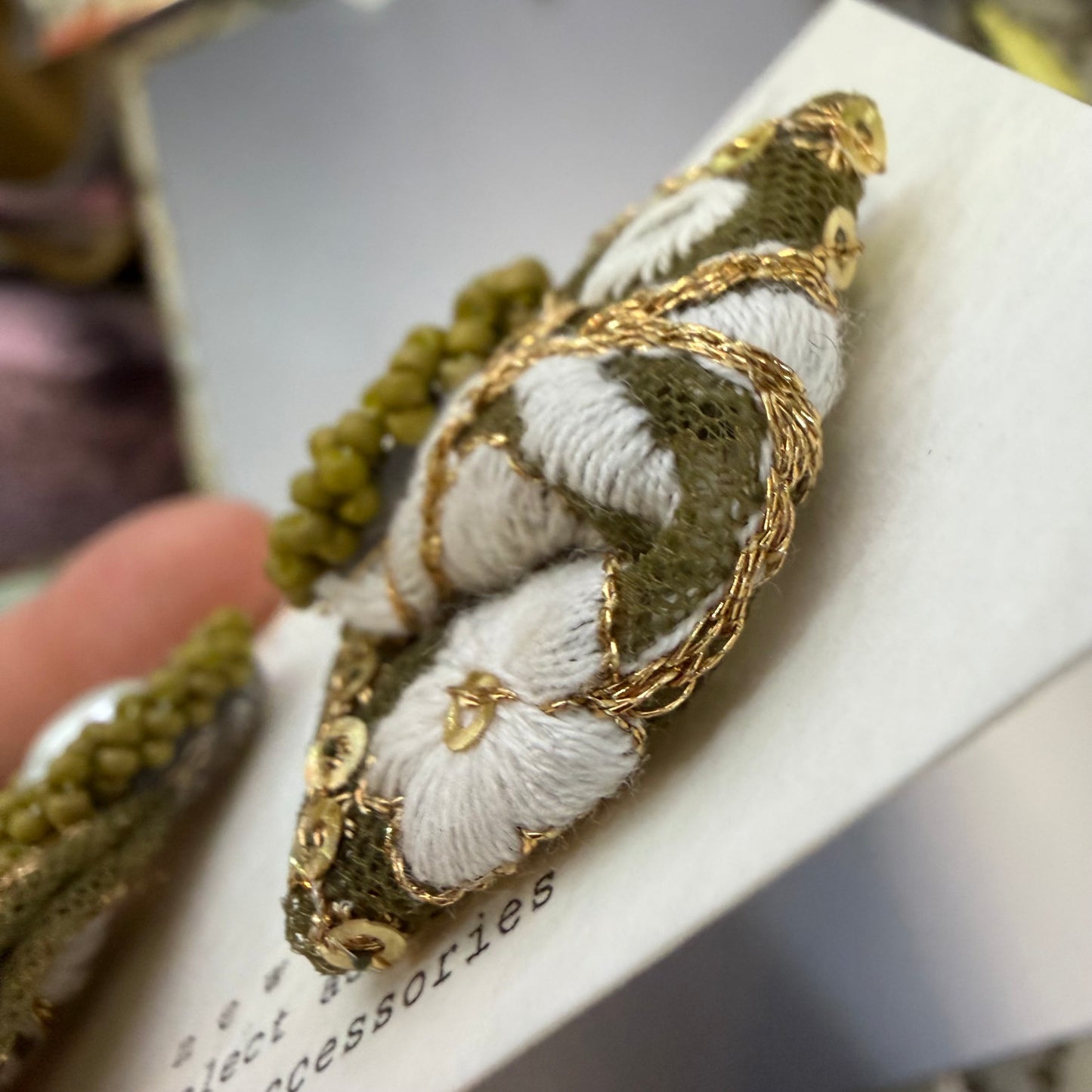 New.n Beans Embroidery Green Earrings, handmade in Japan