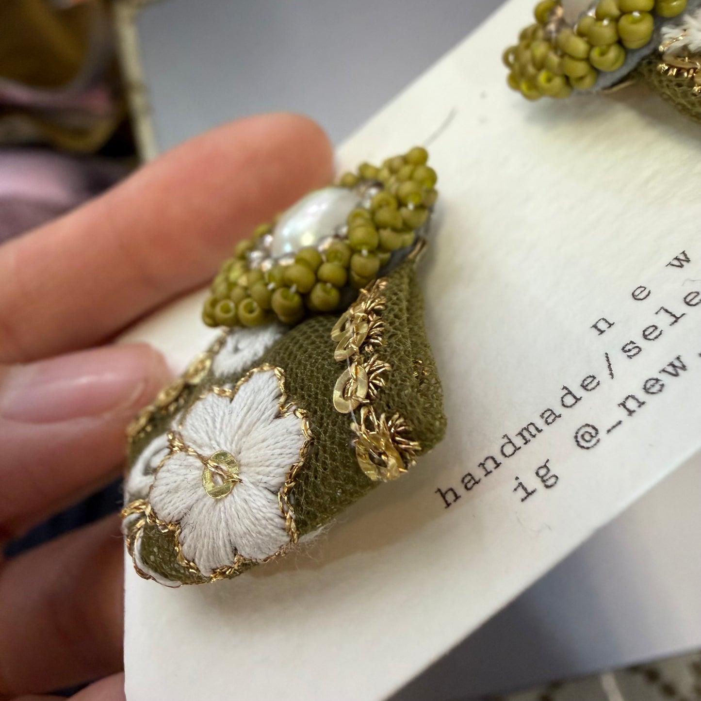 New.n Beans Embroidery Green Earrings, handmade in Japan