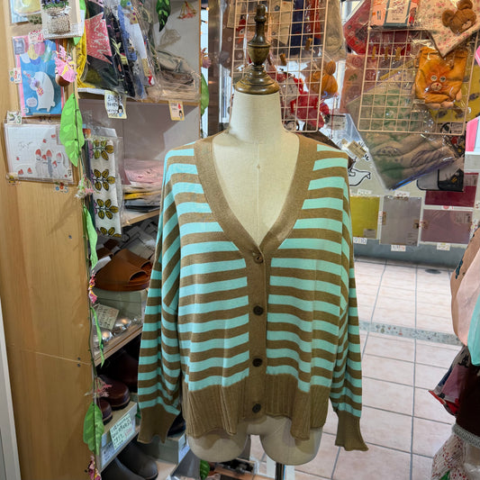 Tumugu Brown X Mint Striped V-neck Cardigan