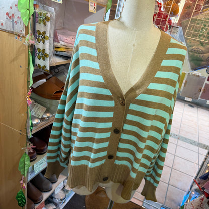 Tumugu Brown X Mint Striped V-neck Cardigan
