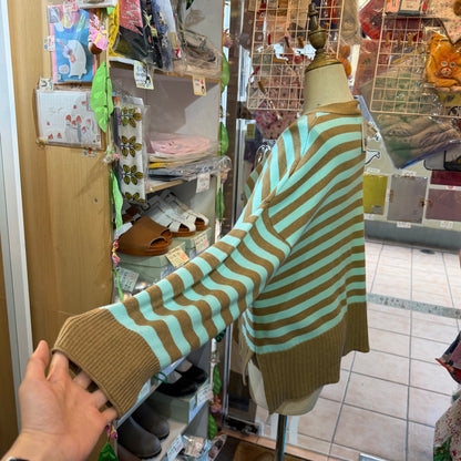 Tumugu Brown X Mint Striped V-neck Cardigan