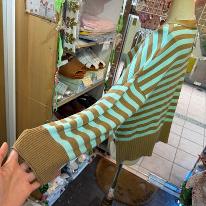 Tumugu Brown X Mint Striped V-neck Cardigan