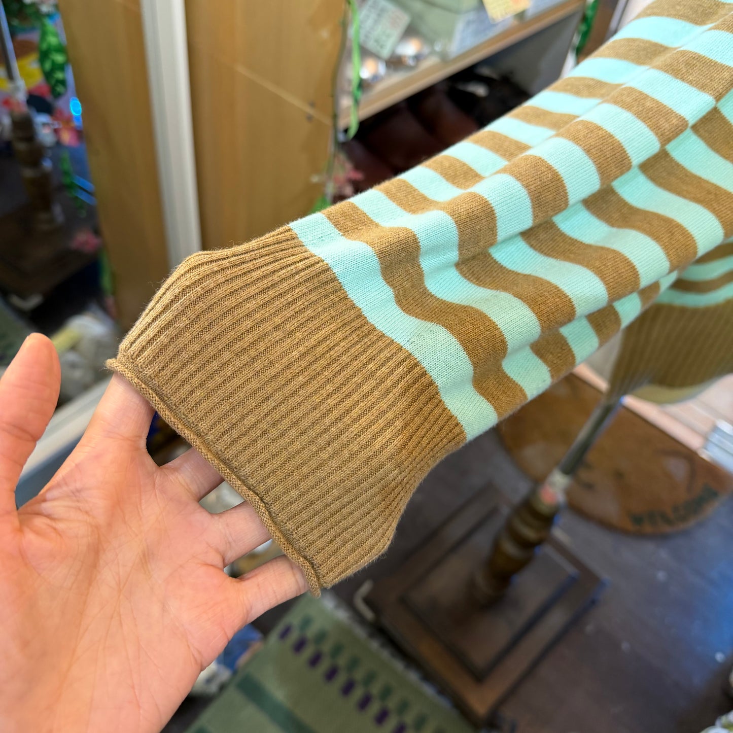 Tumugu Brown X Mint Striped V-neck Cardigan