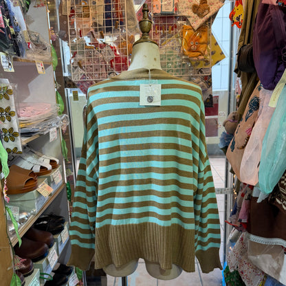 Tumugu Brown X Mint Striped V-neck Cardigan
