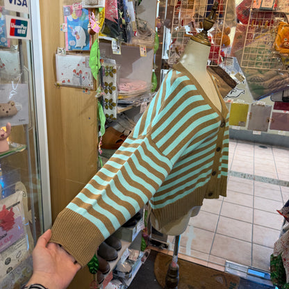Tumugu Brown X Mint Striped V-neck Cardigan