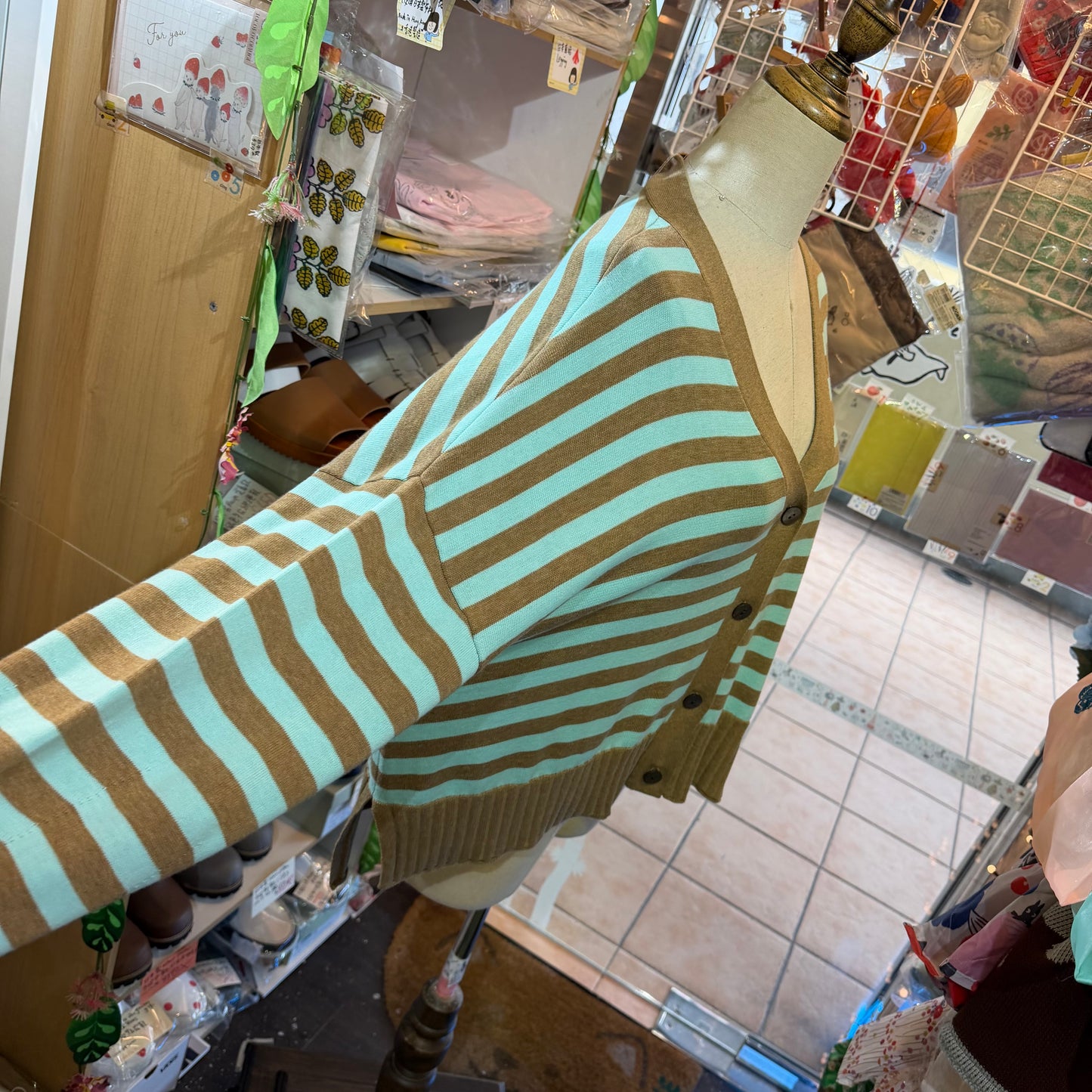 Tumugu Brown X Mint Striped V-neck Cardigan