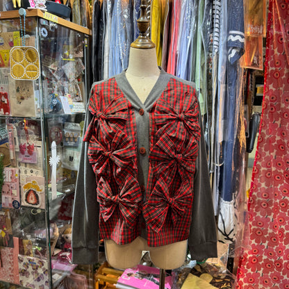 Drowse and Yet… Checked Ribbon Charcoal Cardigan, made in Japan