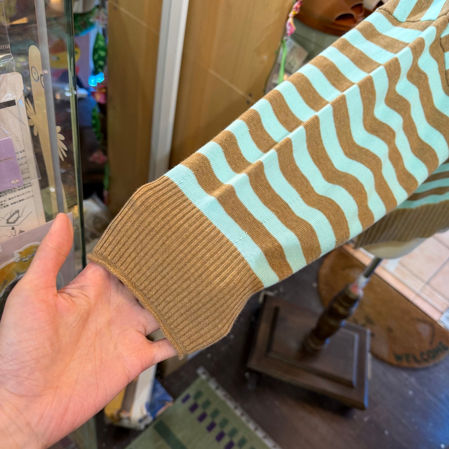 Tumugu Brown X Mint Striped V-neck Cardigan