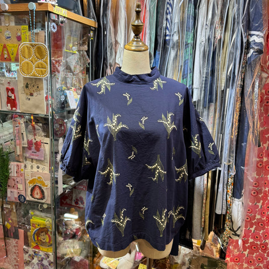 Sun Valley Embroidery Lily of the Valley Navy Top
