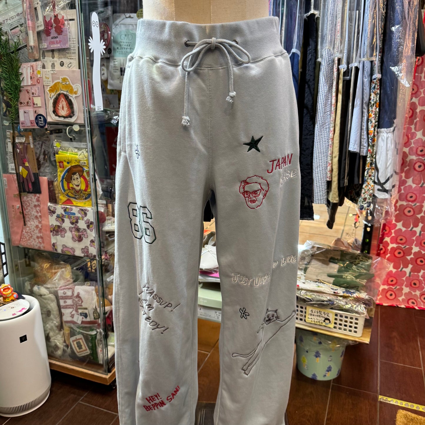 Humarous Grey Embroidery Pants, Size S