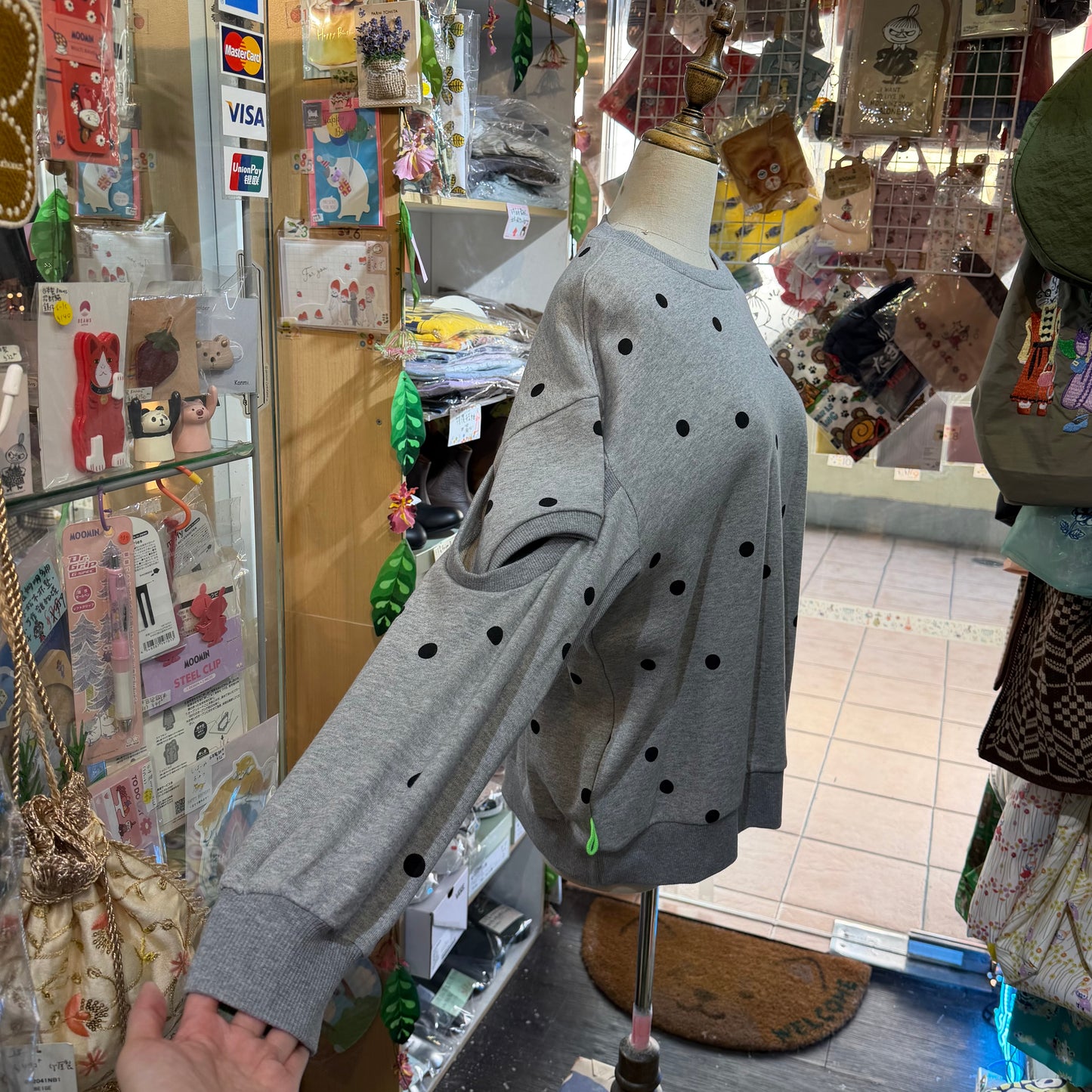 Sale- Frankygrow Polka Grey Sweatshirt, size F1, made in Japan