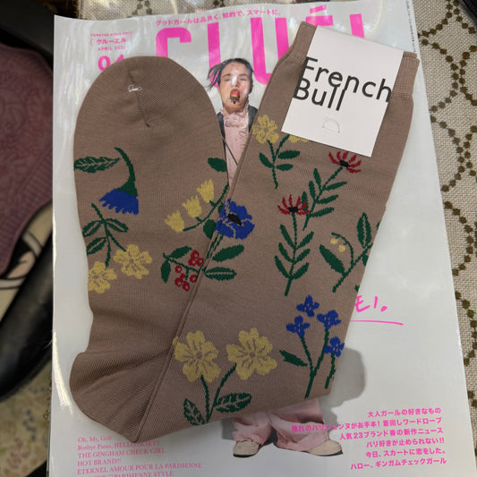 French Bull Beige Floral Long Socks, made in Japan
